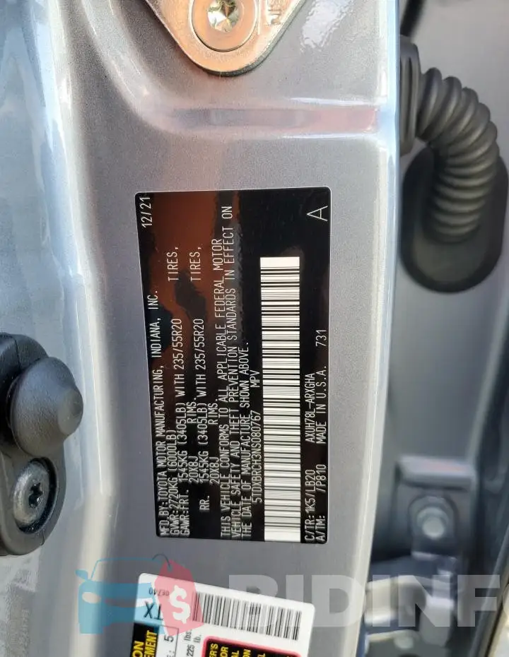 5TDXBRCH3NS080767 Photo# 12