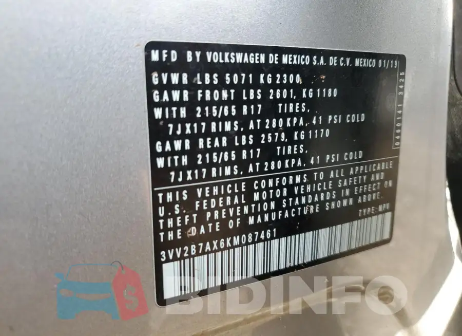 3VV2B7AX6KM087461 Photo# 14