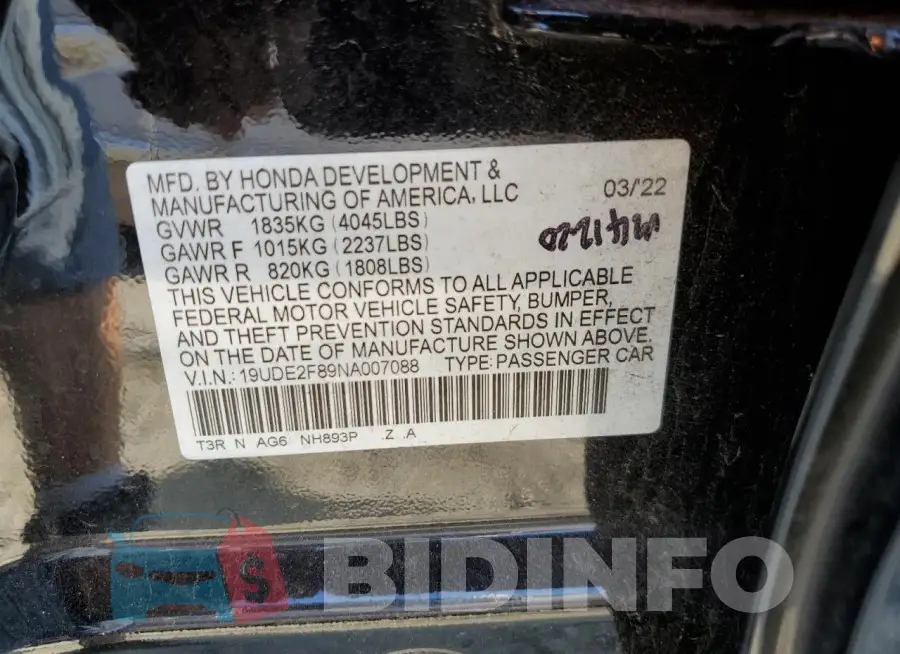 19UDE2F89NA007088 Photo# 12
