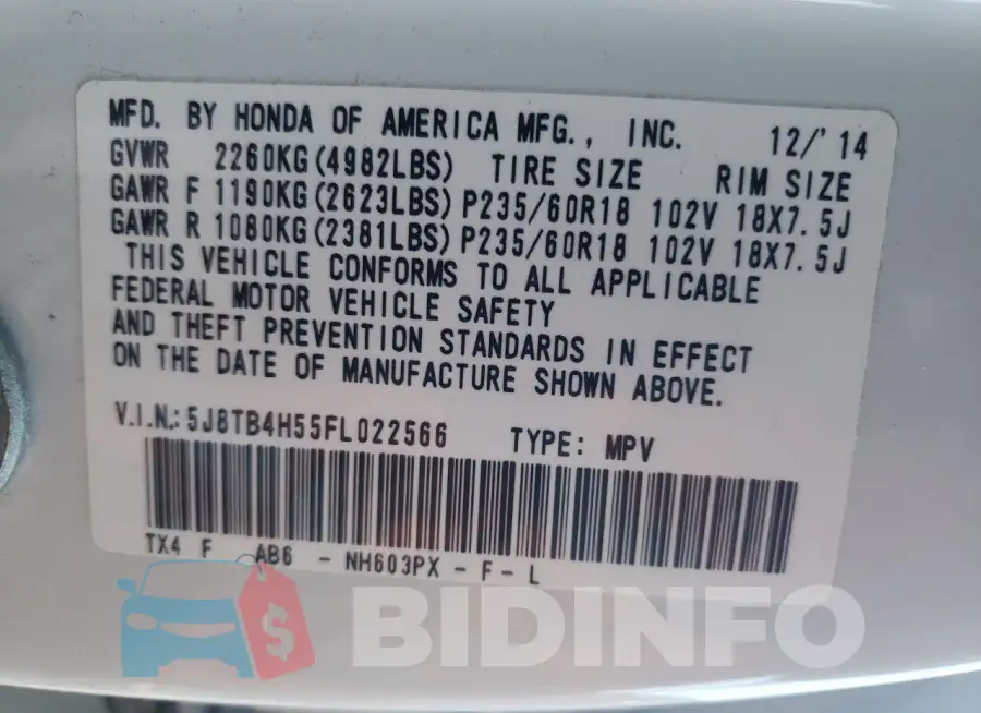 5J8TB4H55FL022566 Photo# 13