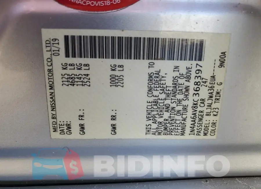 1N4AA6AV8KC368397 Photo# 13