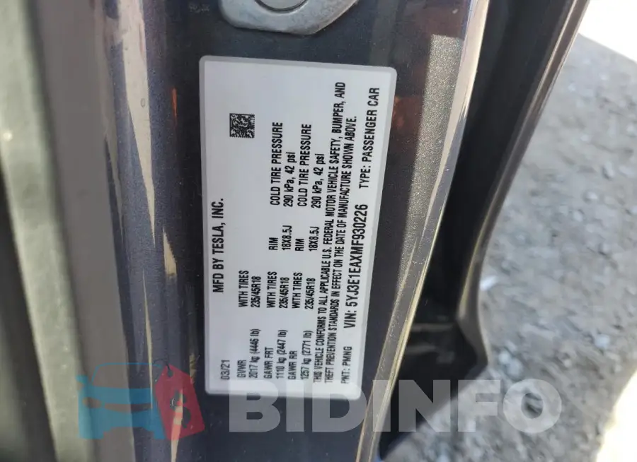 5YJ3E1EAXMF930226 Photo# 12