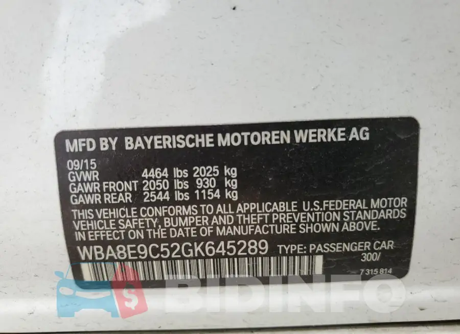 WBA8E9C52GK645289 Photo# 12