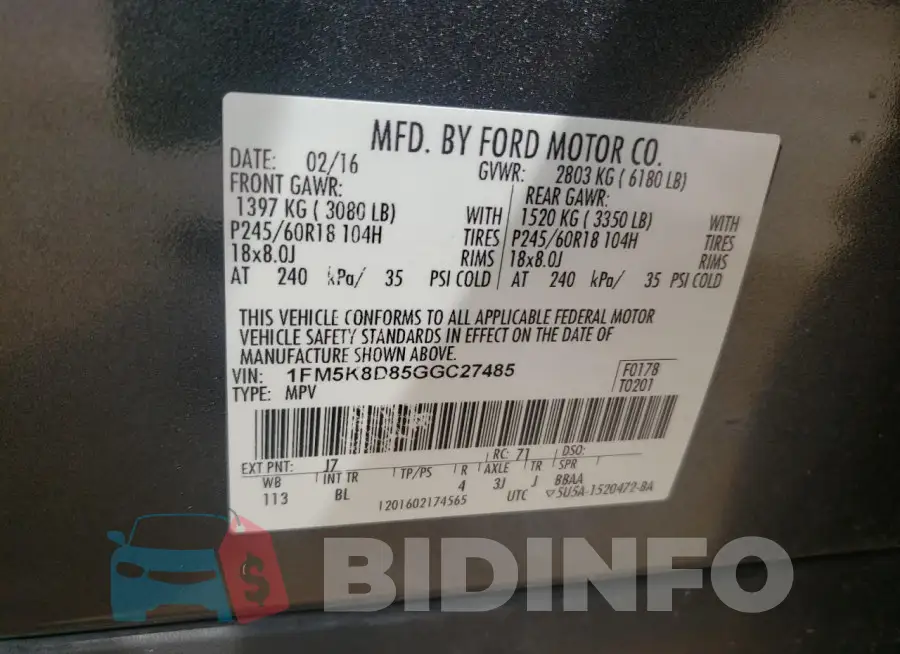 1FM5K8D85GGC27485 Photo# 14