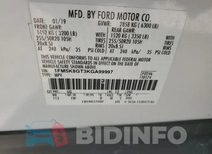 1FM5K8GT3KGA99997 Photo# 13