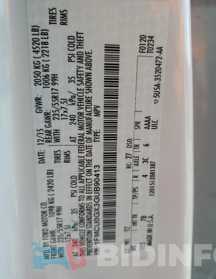 1FMCU0GX3GUB90413 Photo# 12
