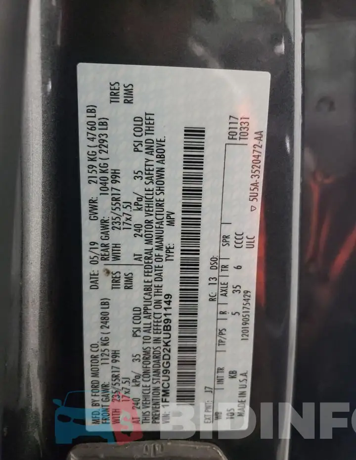 1FMCU9GD2KUB91149 Photo# 13