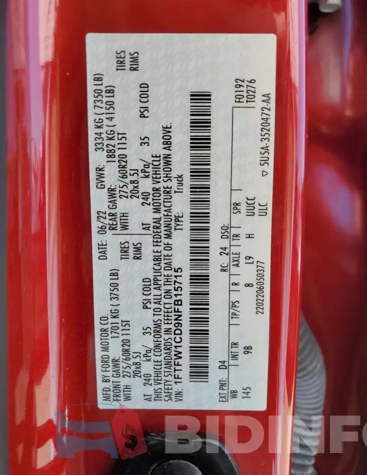 1FTFW1CD9NFB15715 Photo# 13