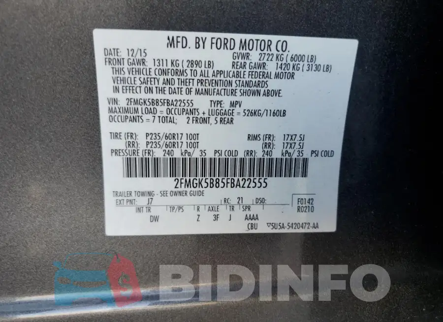 2FMGK5B85FBA22555 Photo# 14
