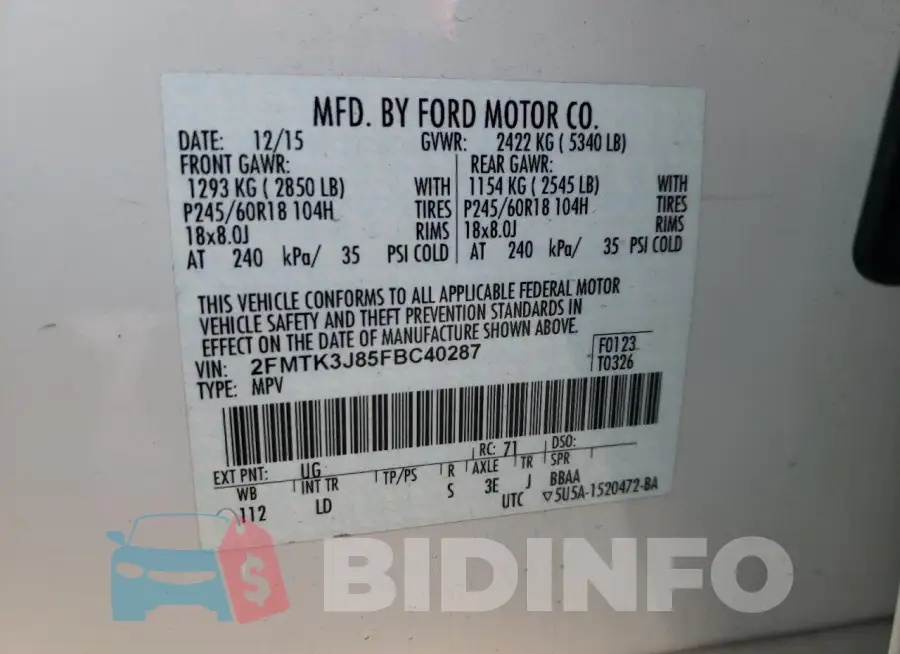 2FMTK3J85FBC40287 Photo# 12