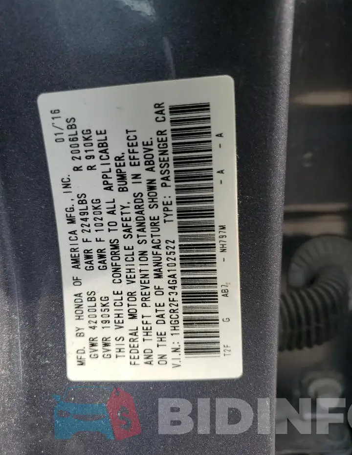 1HGCR2F34GA102522 Photo# 12