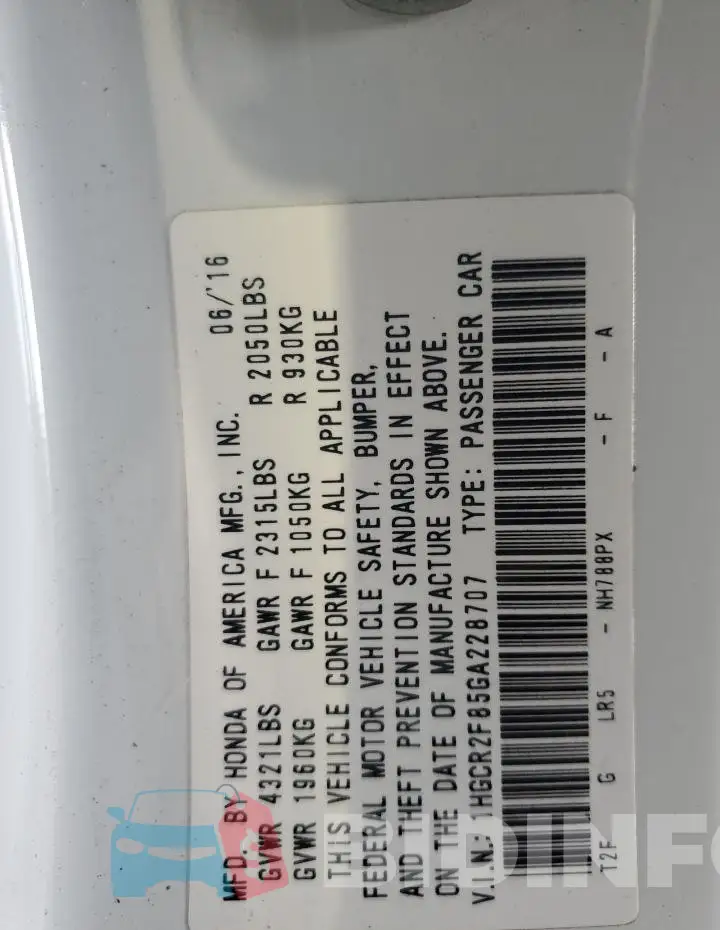 1HGCR2F85GA228707 Photo# 13