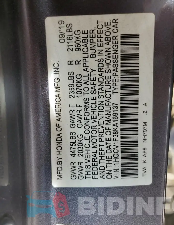 1HGCV1F38KA169137 Photo# 12