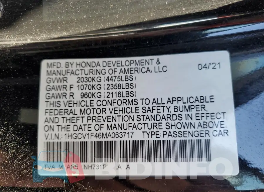 1HGCV1F46MA063717 Photo# 13