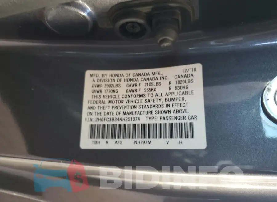 2HGFC3B34KH351374 Photo# 12