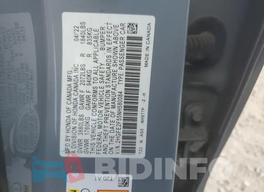 2HGFE2F55NH580084 Photo# 12