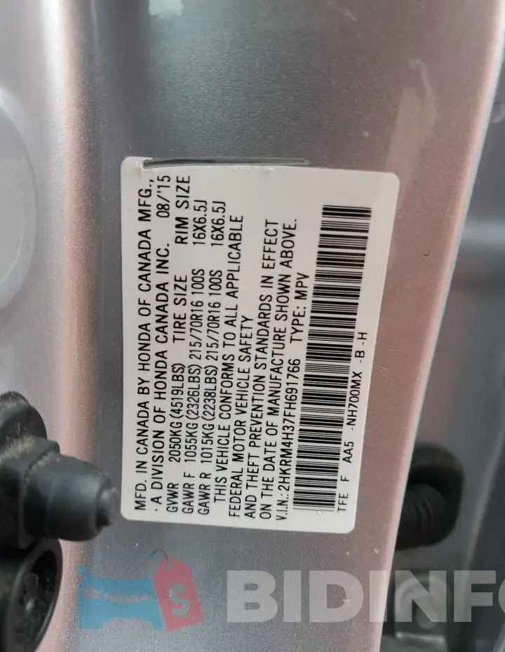 2HKRM4H37FH691766 Photo# 12