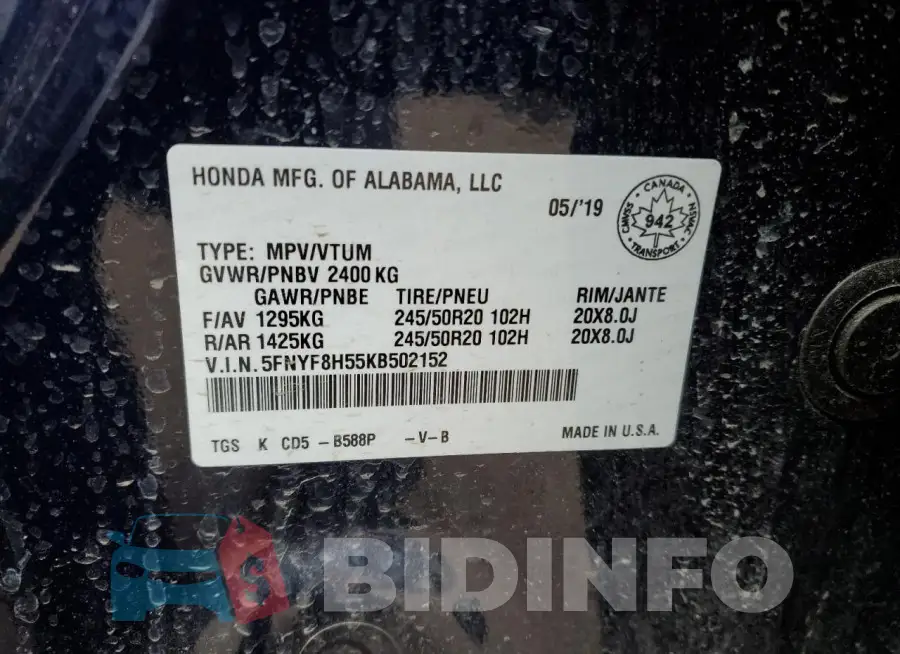 5FNYF8H55KB502152 Photo# 13