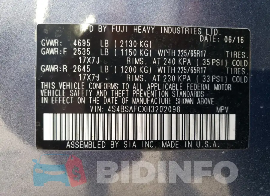 4S4BSAFCXH3202098 Photo# 13