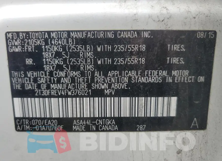 2T3DFREV4FW376021 Photo# 13