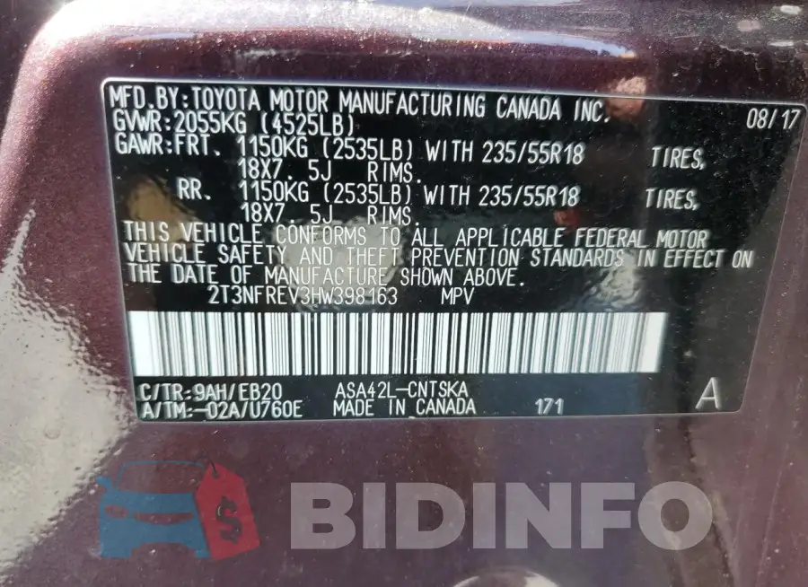 2T3NFREV3HW398163 Photo# 13