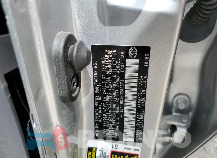 4T1B11HKXKU288571 Photo# 12