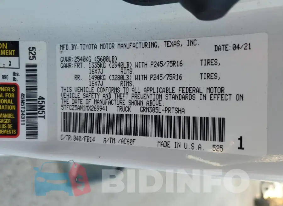 5TFCZ5AN1MX269941 Photo# 13