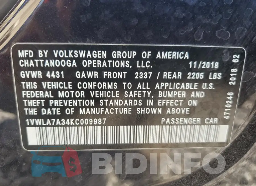 1VWLA7A34KC009987 Photo# 12