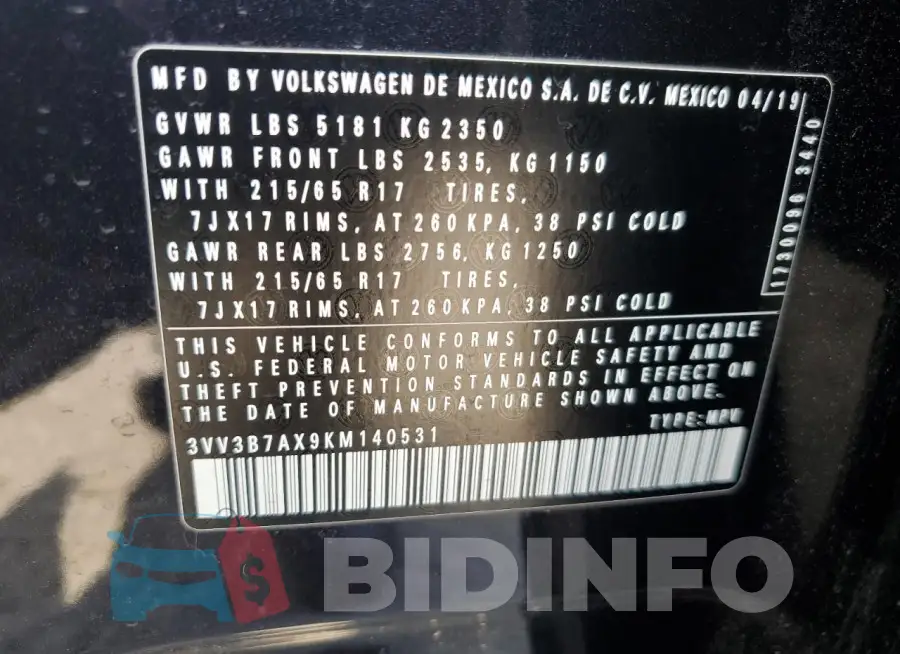 3VV3B7AX9KM140531 Photo# 13
