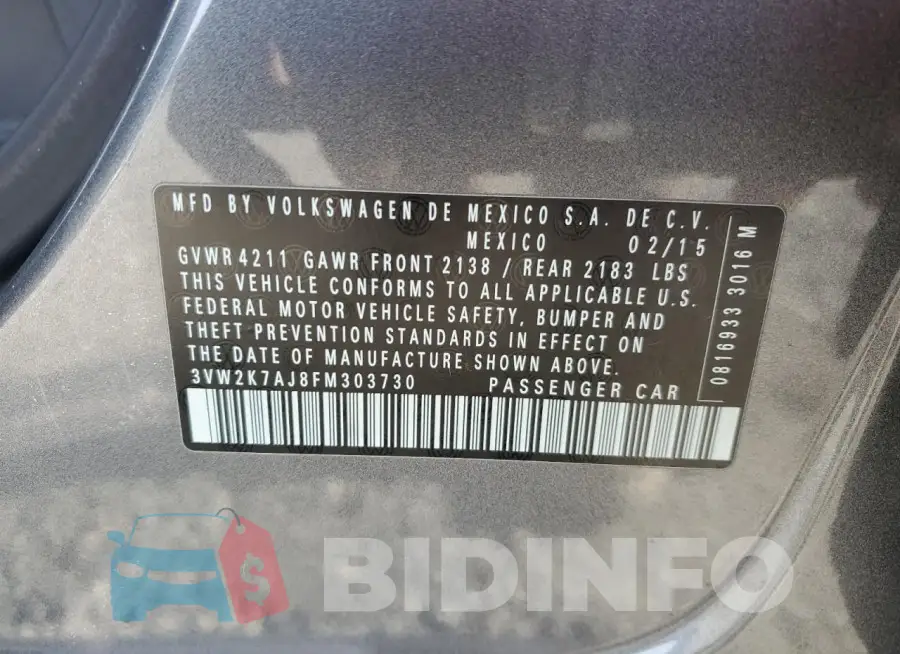 3VW2K7AJ8FM303730 Photo# 12