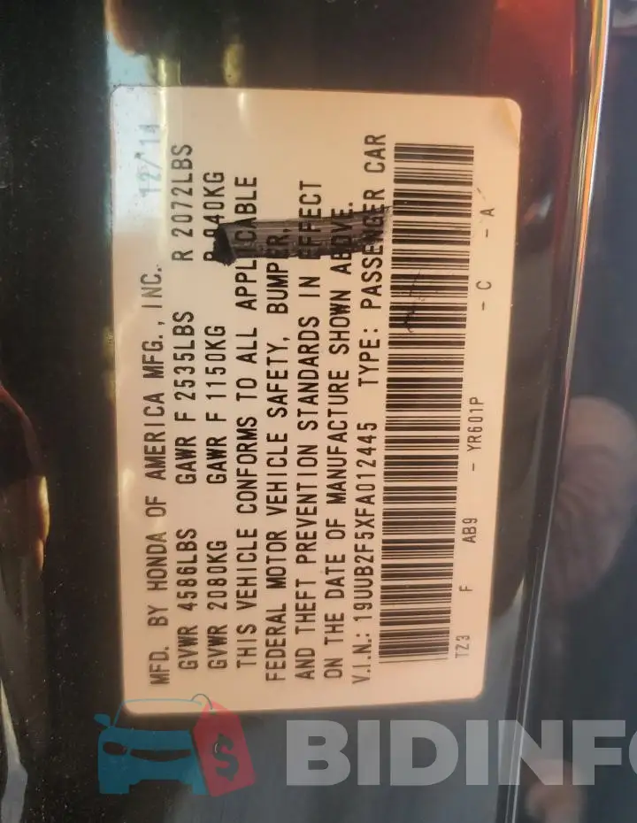 19UUB2F5XFA012445 Photo# 12