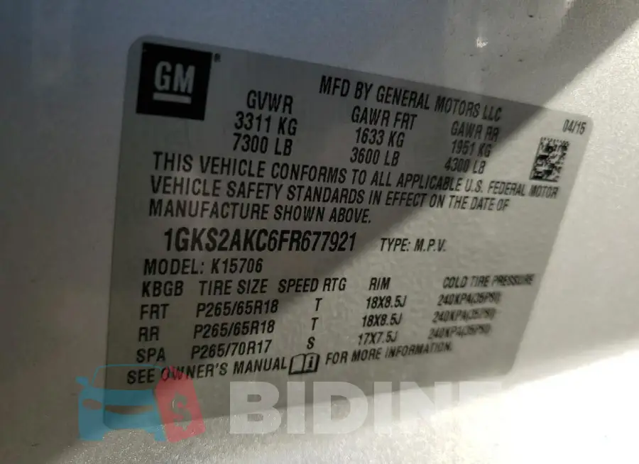 1GKS2AKC6FR677921 Photo# 13