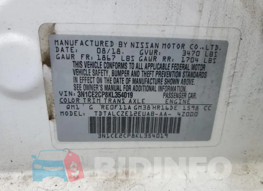 3N1CE2CP8KL354019 Photo# 13