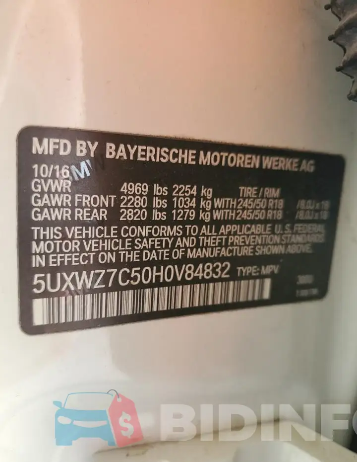 5UXWZ7C50H0V84832 Photo# 13