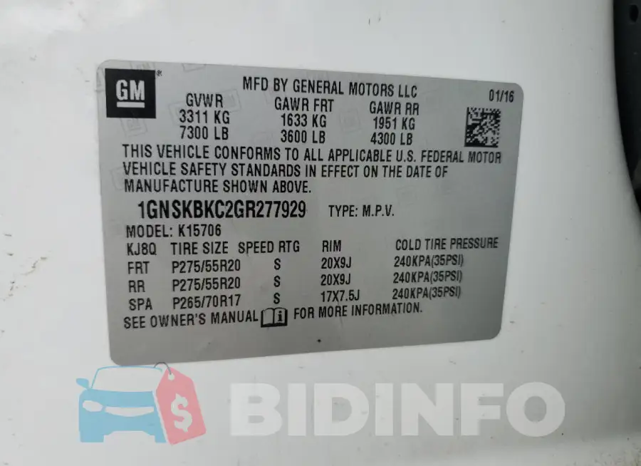 1GNSKBKC2GR277929 Photo# 13