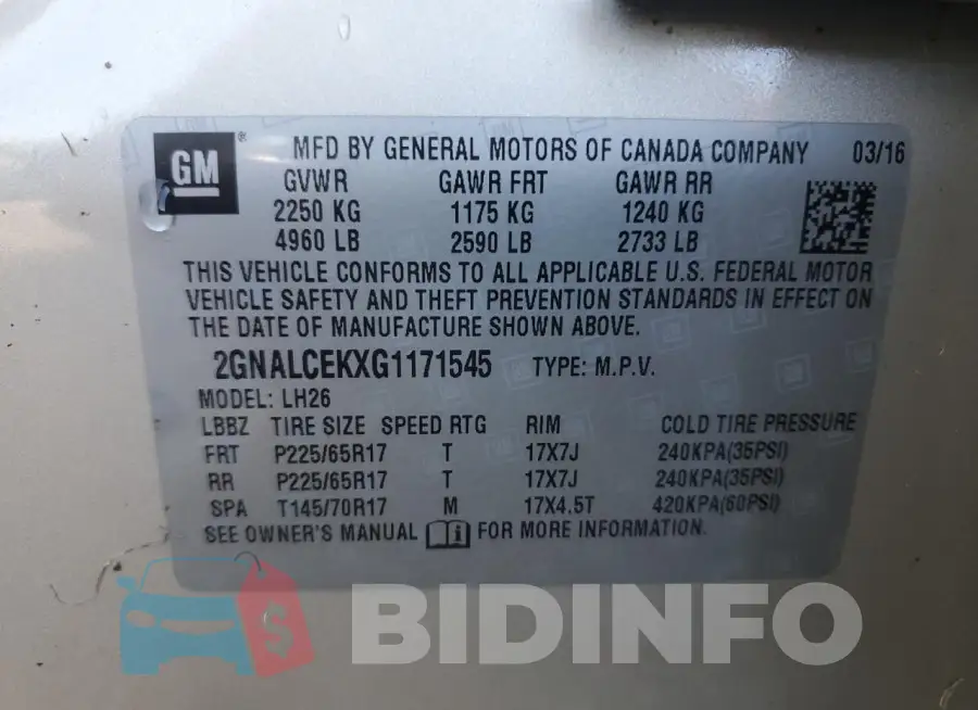 2GNALCEKXG1171545 Photo# 14