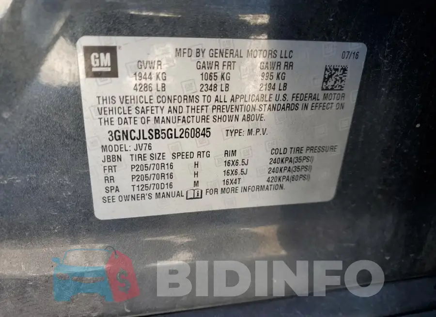 3GNCJLSB5GL260845 Photo# 13