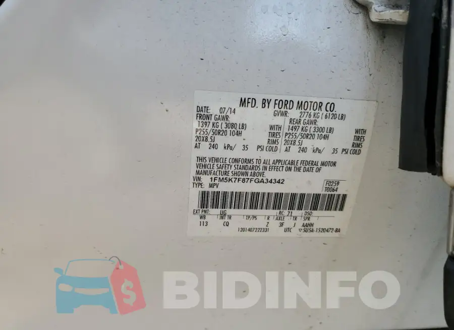 1FM5K7F87FGA34342 Photo# 13
