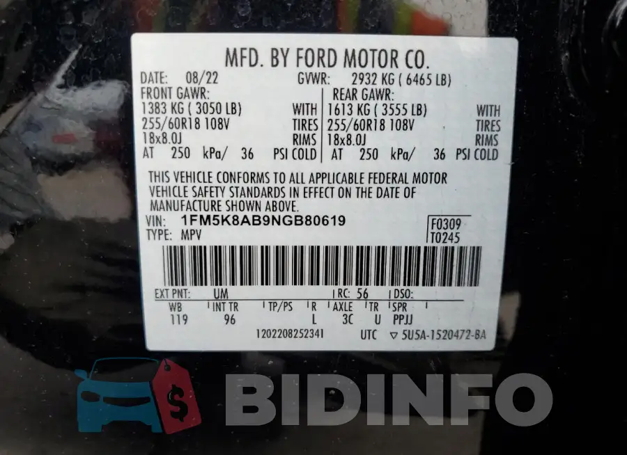 1FM5K8AB9NGB80619 Photo# 13