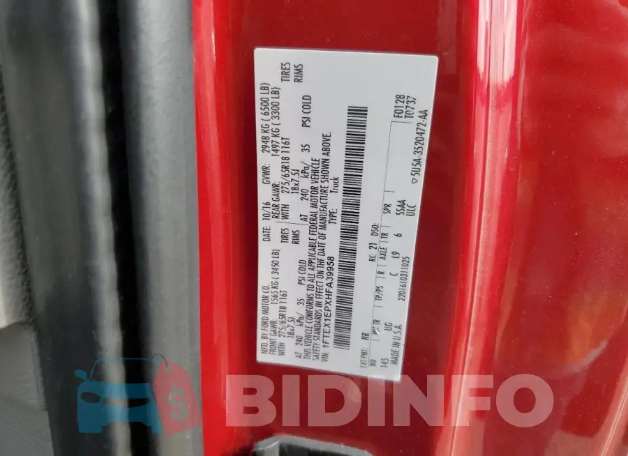 1FTEX1EPXHFA39958 Photo# 13