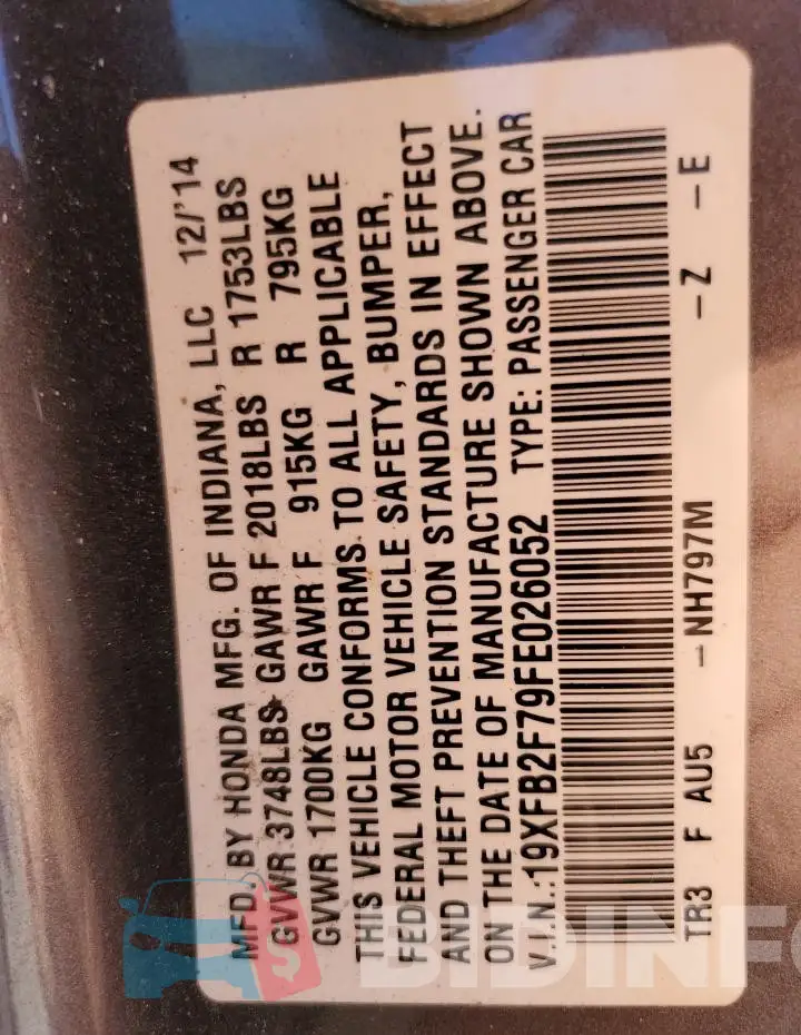 19XFB2F79FE026052 Photo# 13