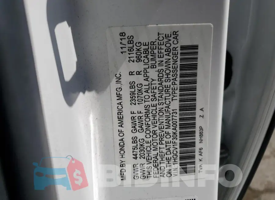 1HGCV1F30KA007731 Photo# 12