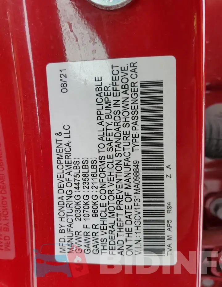 1HGCV1F31MA098849 Photo# 12