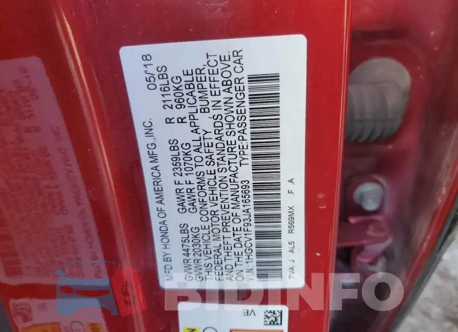 1HGCV1F93JA165693 Photo# 13