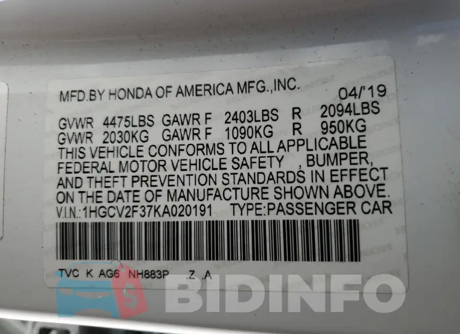 1HGCV2F37KA020191 Photo# 12