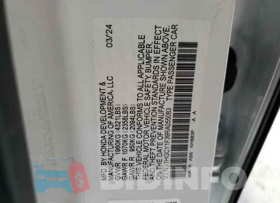1HGCY1F39RA055083 Photo# 12