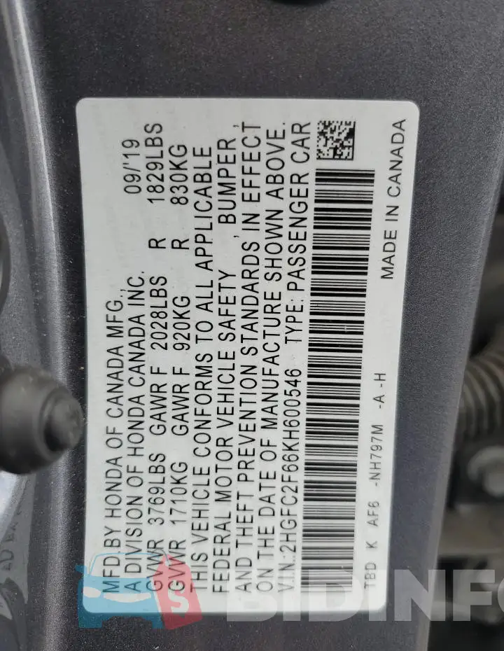 2HGFC2F66KH600546 Photo# 12