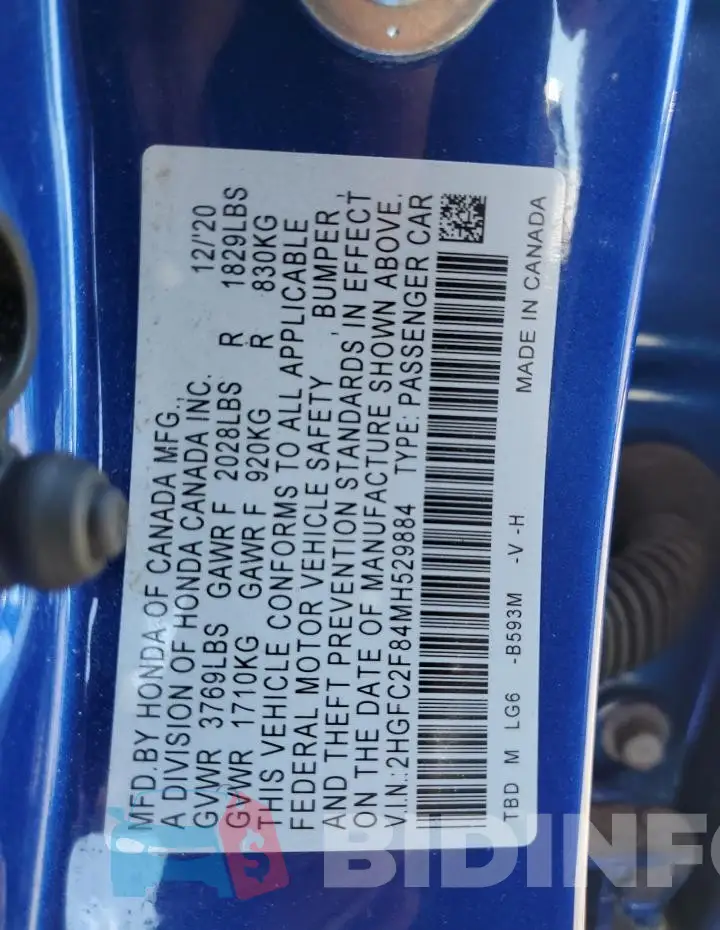 2HGFC2F84MH529884 Photo# 12