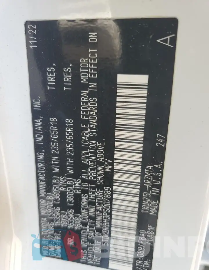 5TDKDRBH3PS007889 Photo# 14