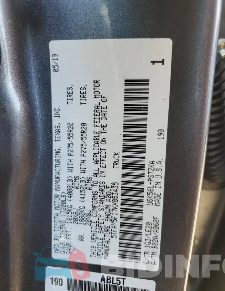 5TFAY5F17KX853435 Photo# 12